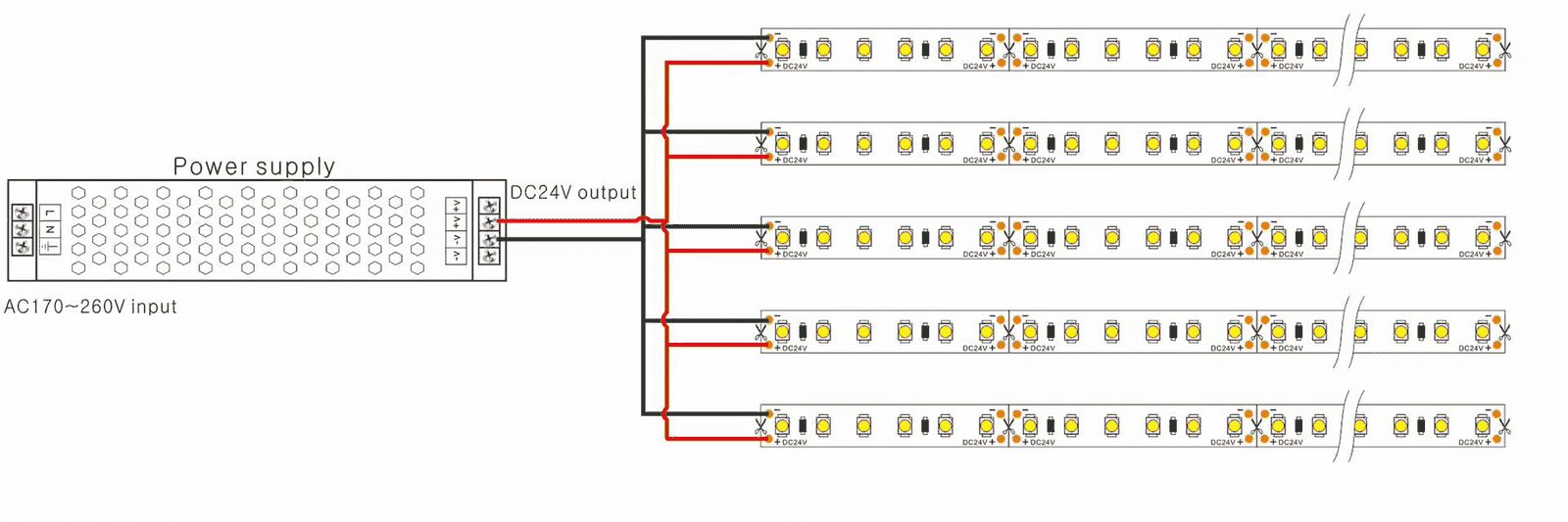 Three LED strip runs wired in parallel, each returning its own pair of wires to the same power supply