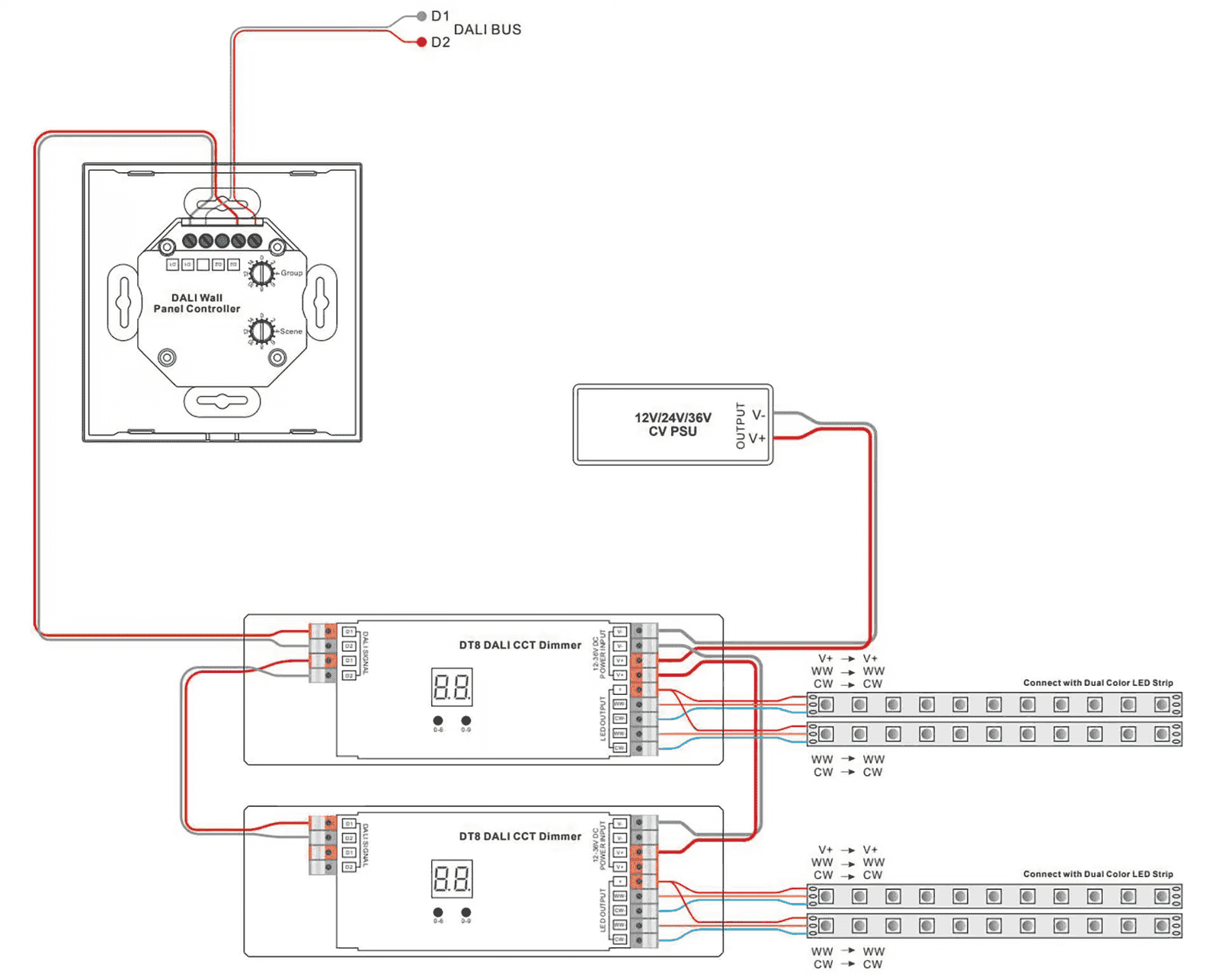 Tunable white LED strip wired to a DALI DT8 driver, warm and cool channels sharing a common