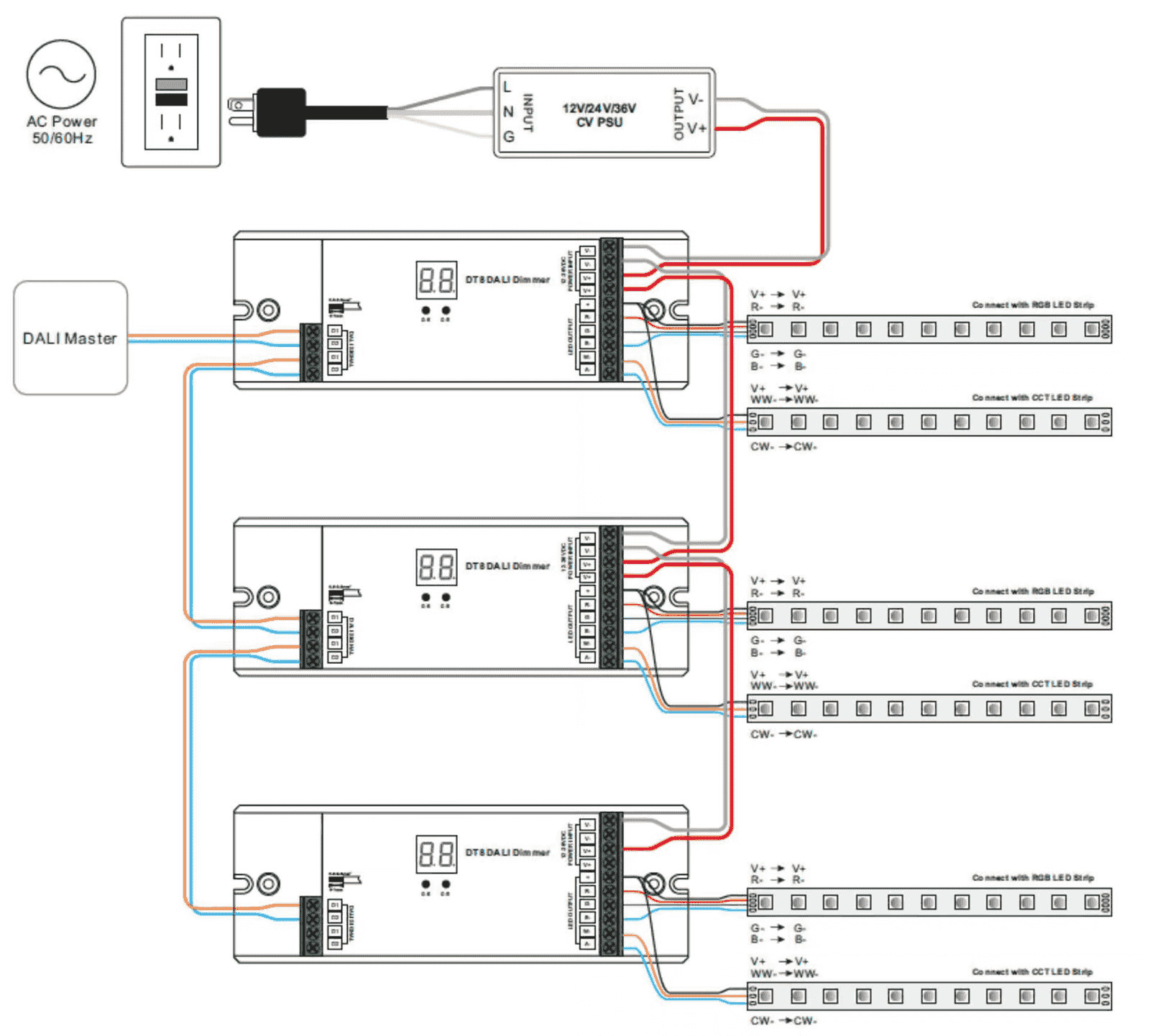 RGBCCT LED strip wired to a DALI DT8 driver, the five colour channels sharing a common