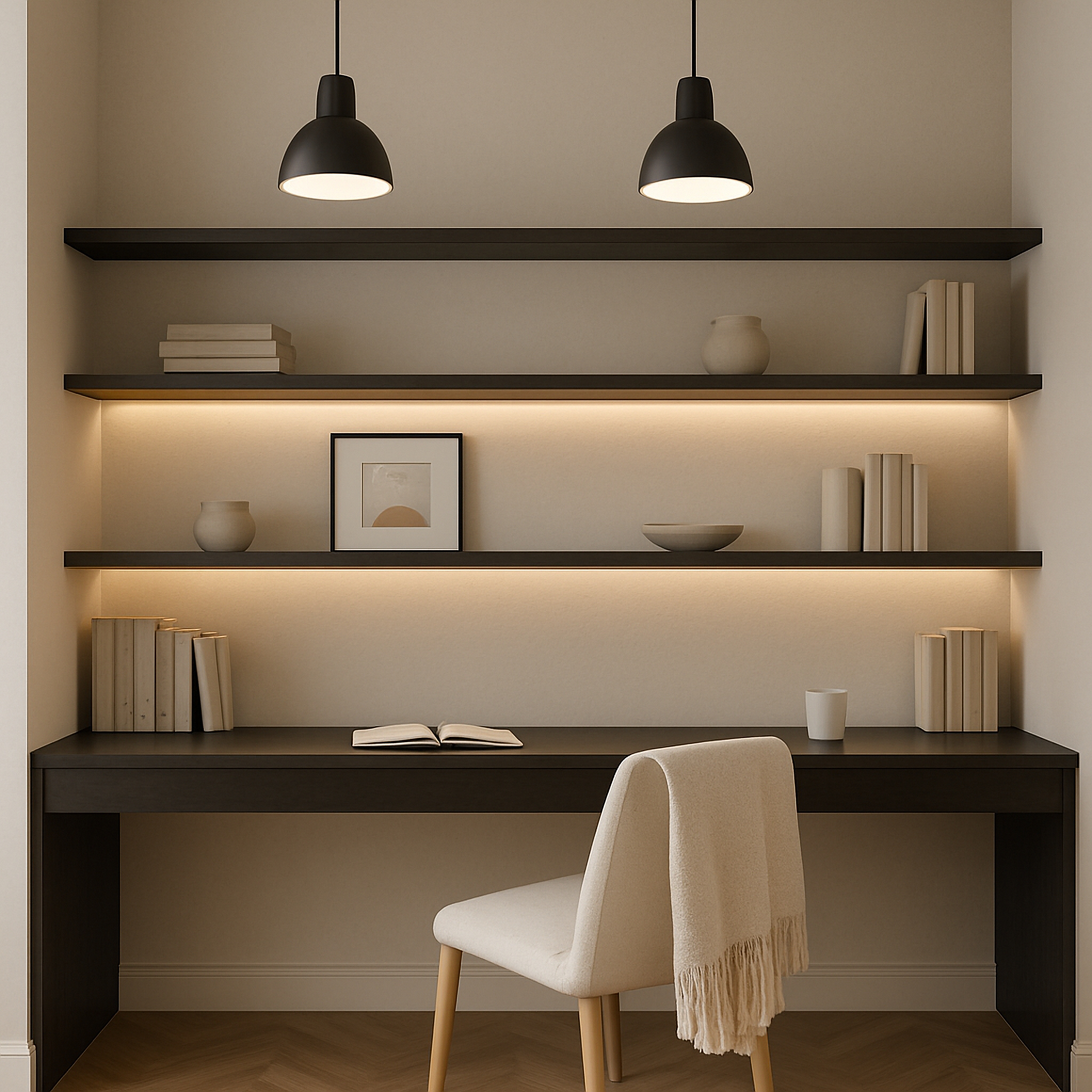 Application concept: continuous warm lighting beneath desk shelves