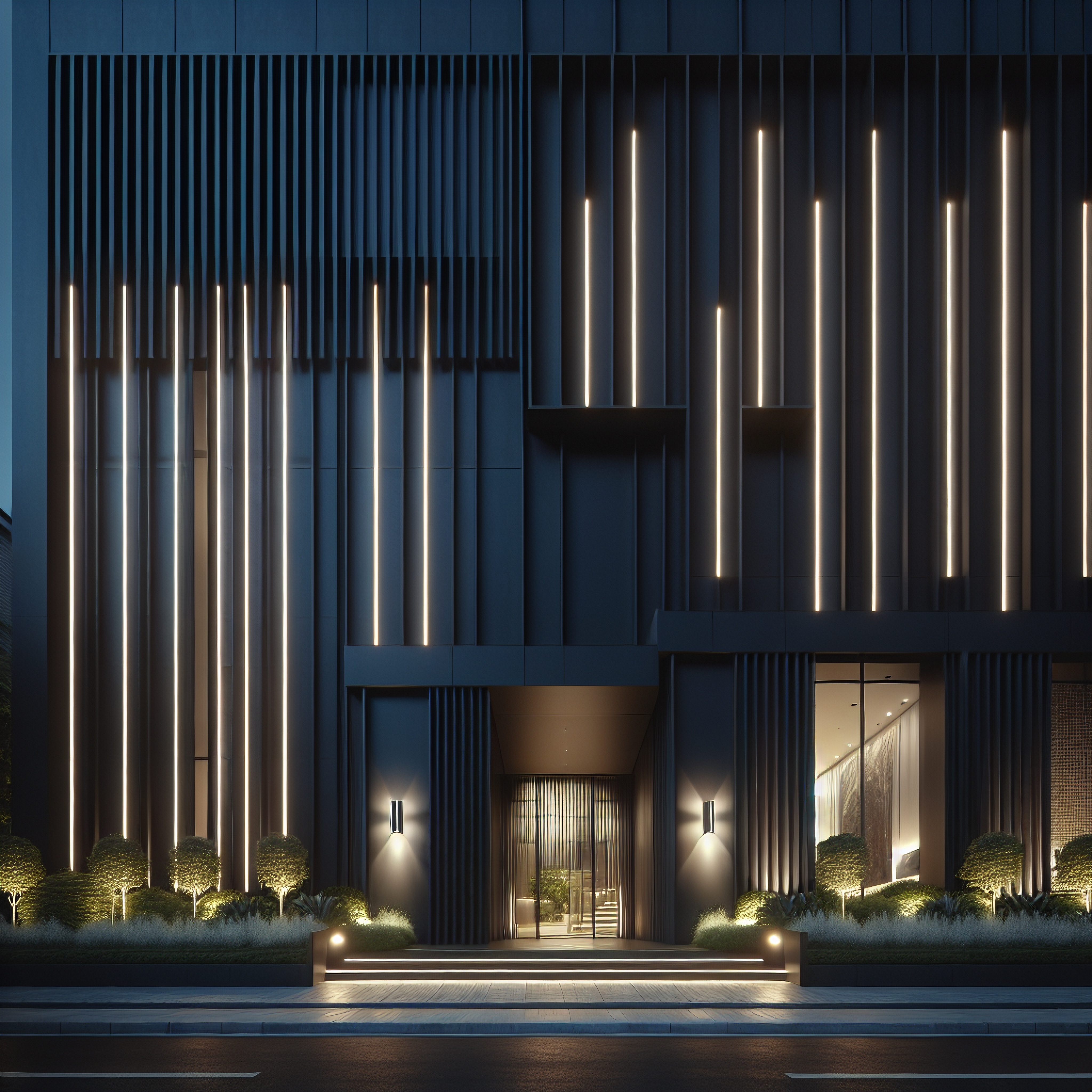 Application concept: vertical linear lighting on a dark building facade