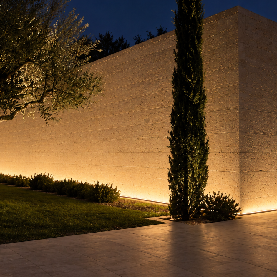 Application concept: warm grazing light across an exterior textured wall