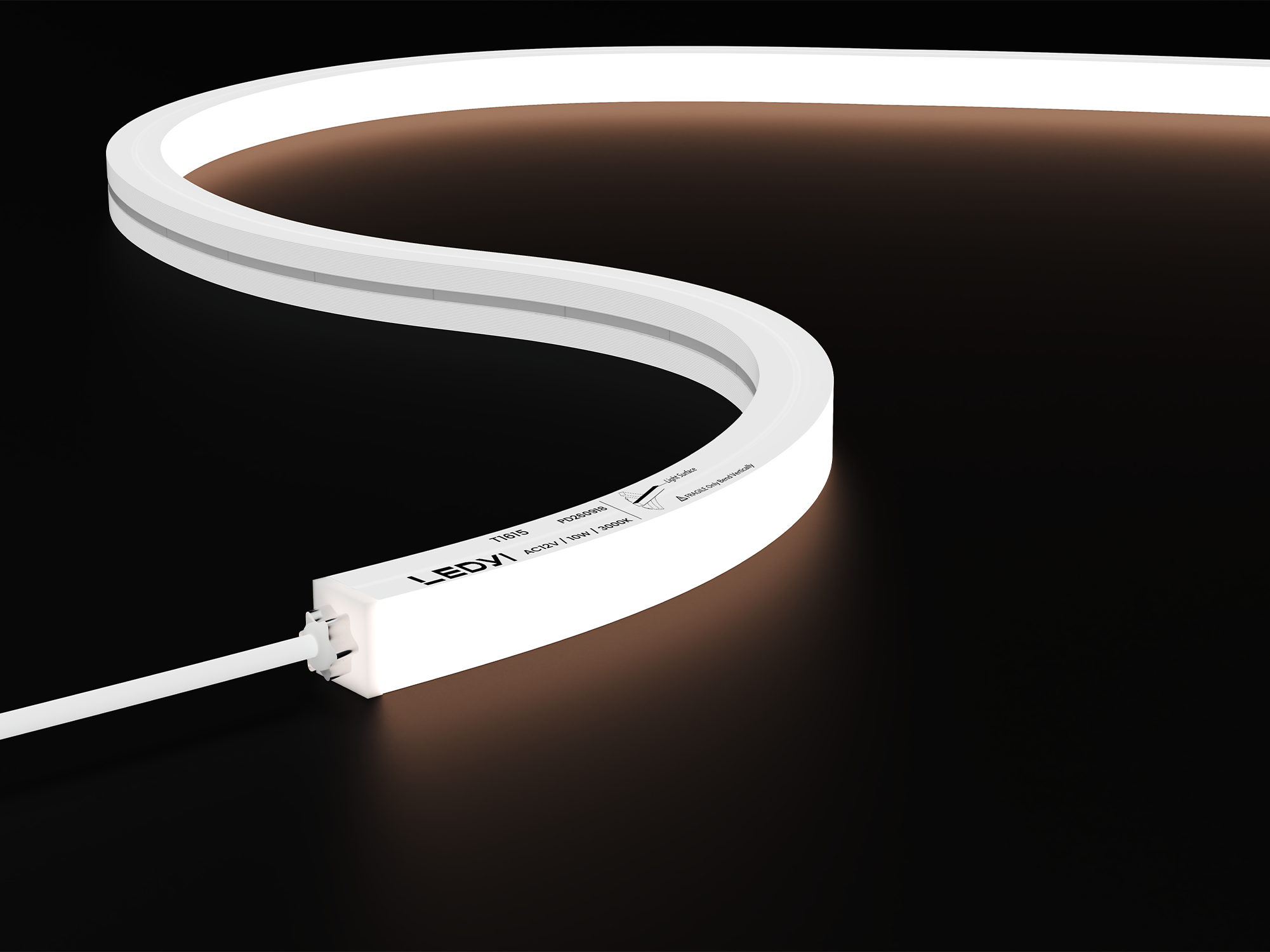 NA-T1615-AC12V AC 12 V top-bend LED neon flex strip with a white silicone body and illuminated top surface