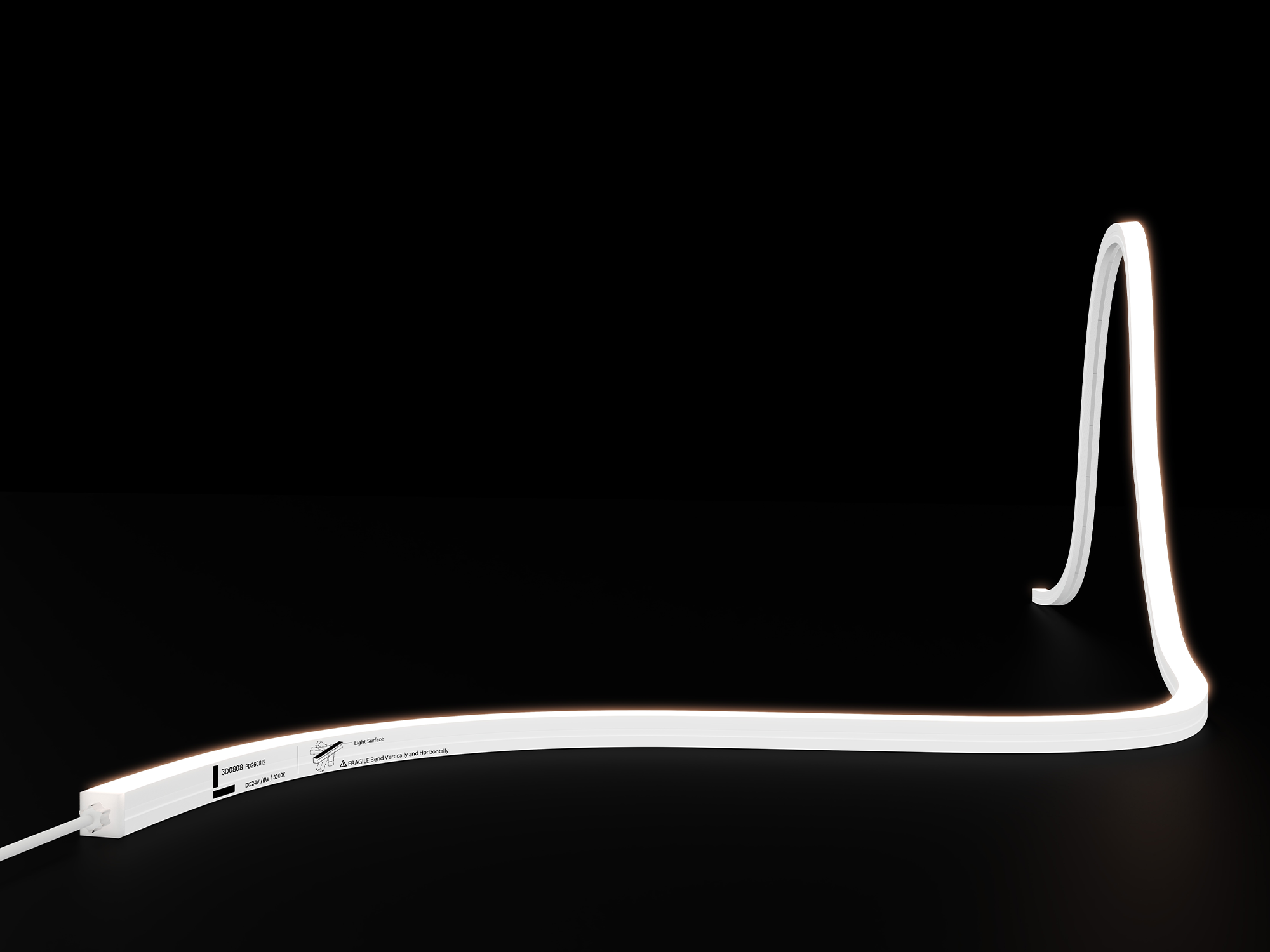 NS-3D0808 3D-bend LED neon flex strip with a white silicone body curving horizontally and rising vertically while emitting warm white light