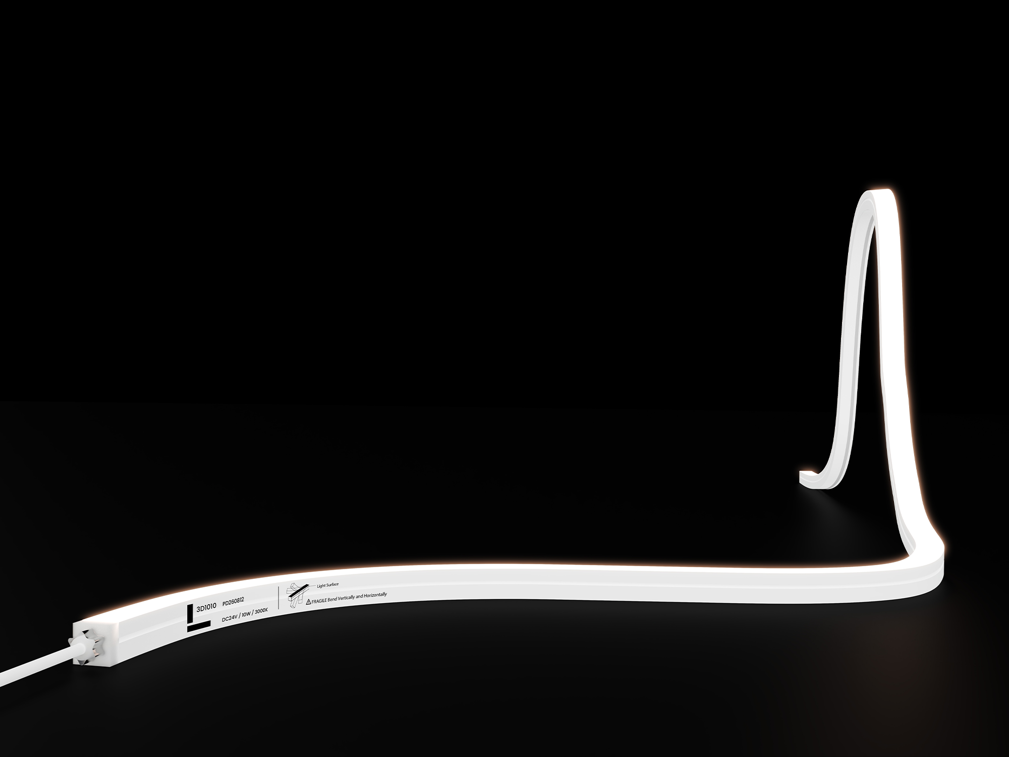 NS-3D1010 3D-bend LED neon flex strip with a white silicone body curving horizontally and rising vertically while emitting warm white light
