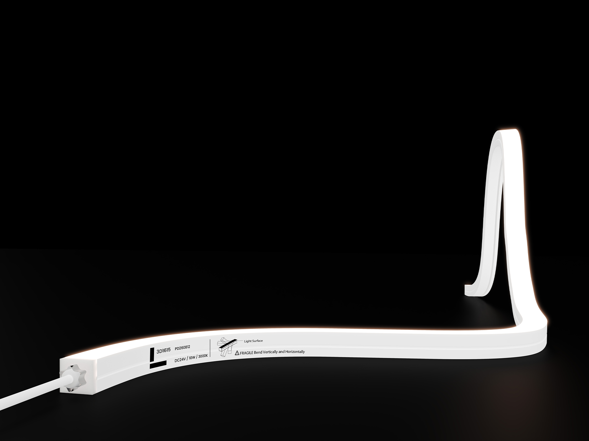 NS-3D1615 3D-bend LED neon flex strip with a white silicone body curving horizontally and rising vertically while emitting warm white light