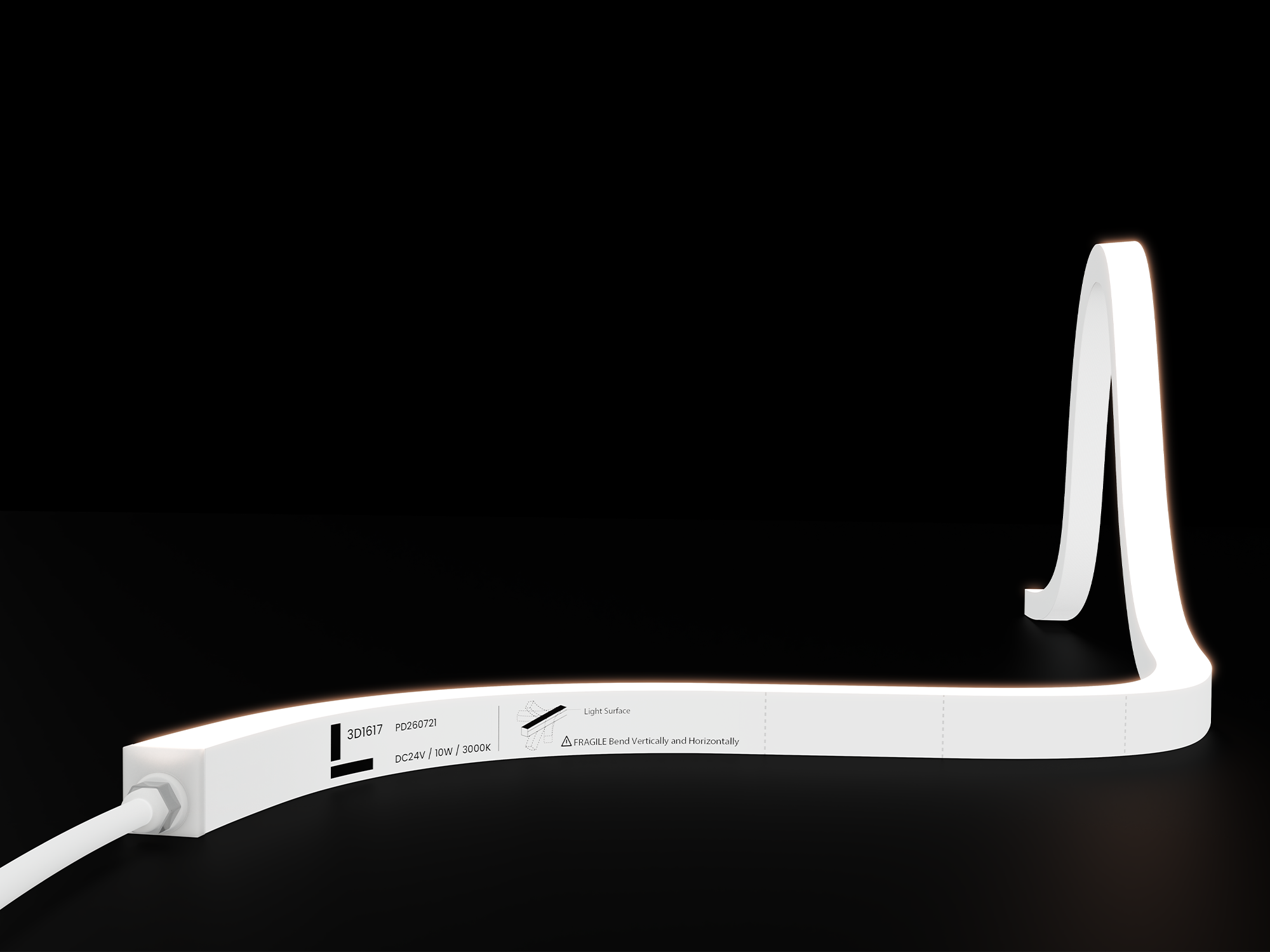 NS-3D1617 3D-bend LED neon flex strip with a white silicone body curving horizontally and rising vertically while emitting warm white light