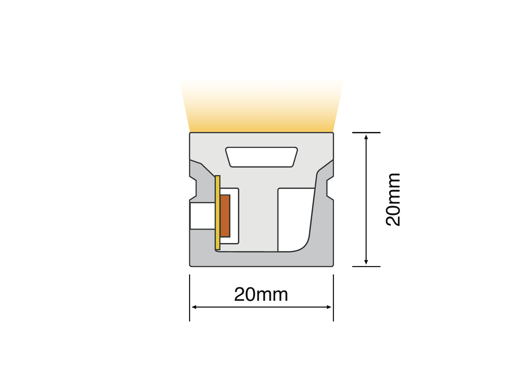 NS-S2020 cross-section drawing showing the 20 mm by 20 mm silicone profile