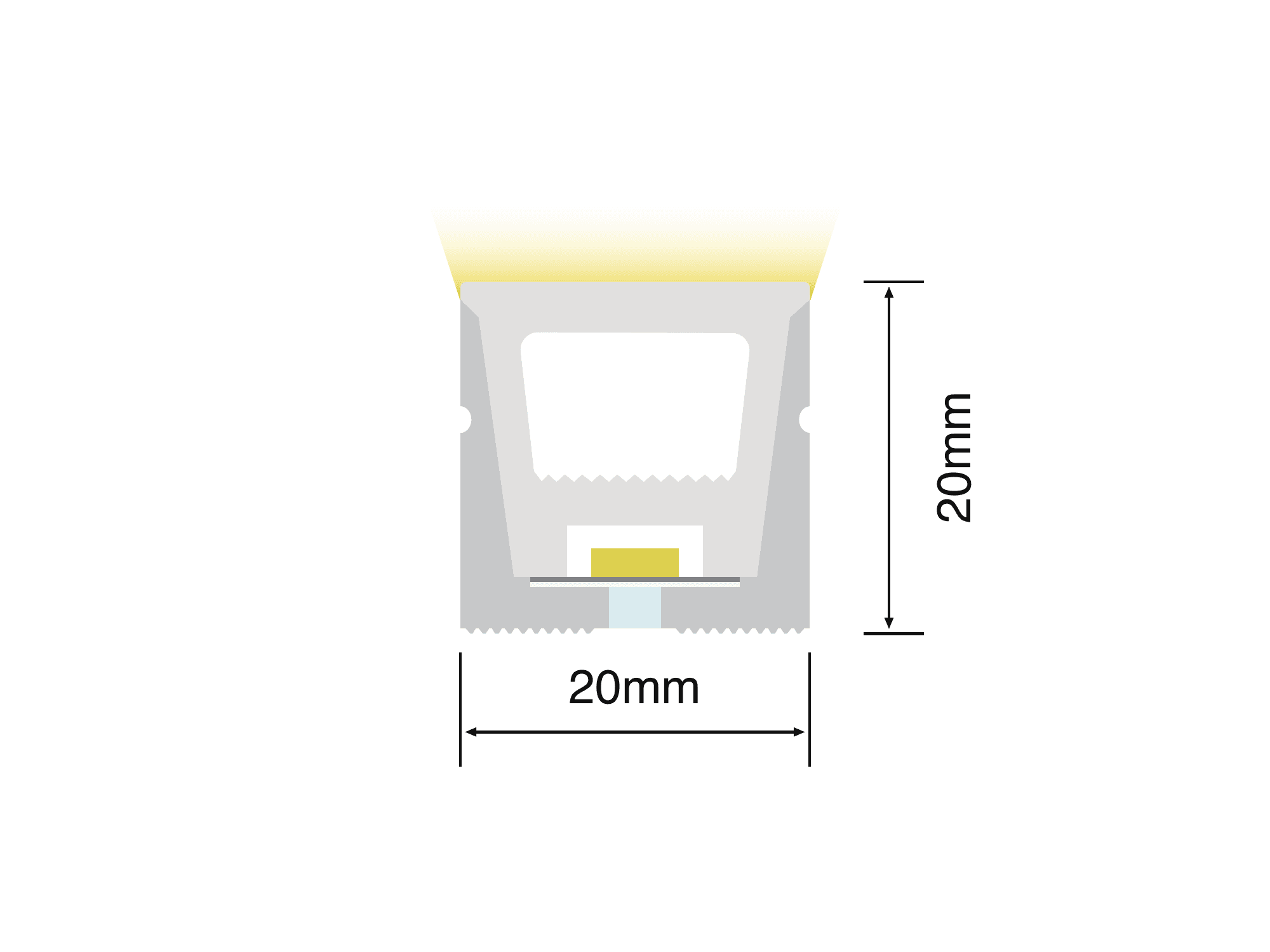 NS-T2020 cross-section drawing showing the 20 mm by 20 mm silicone profile