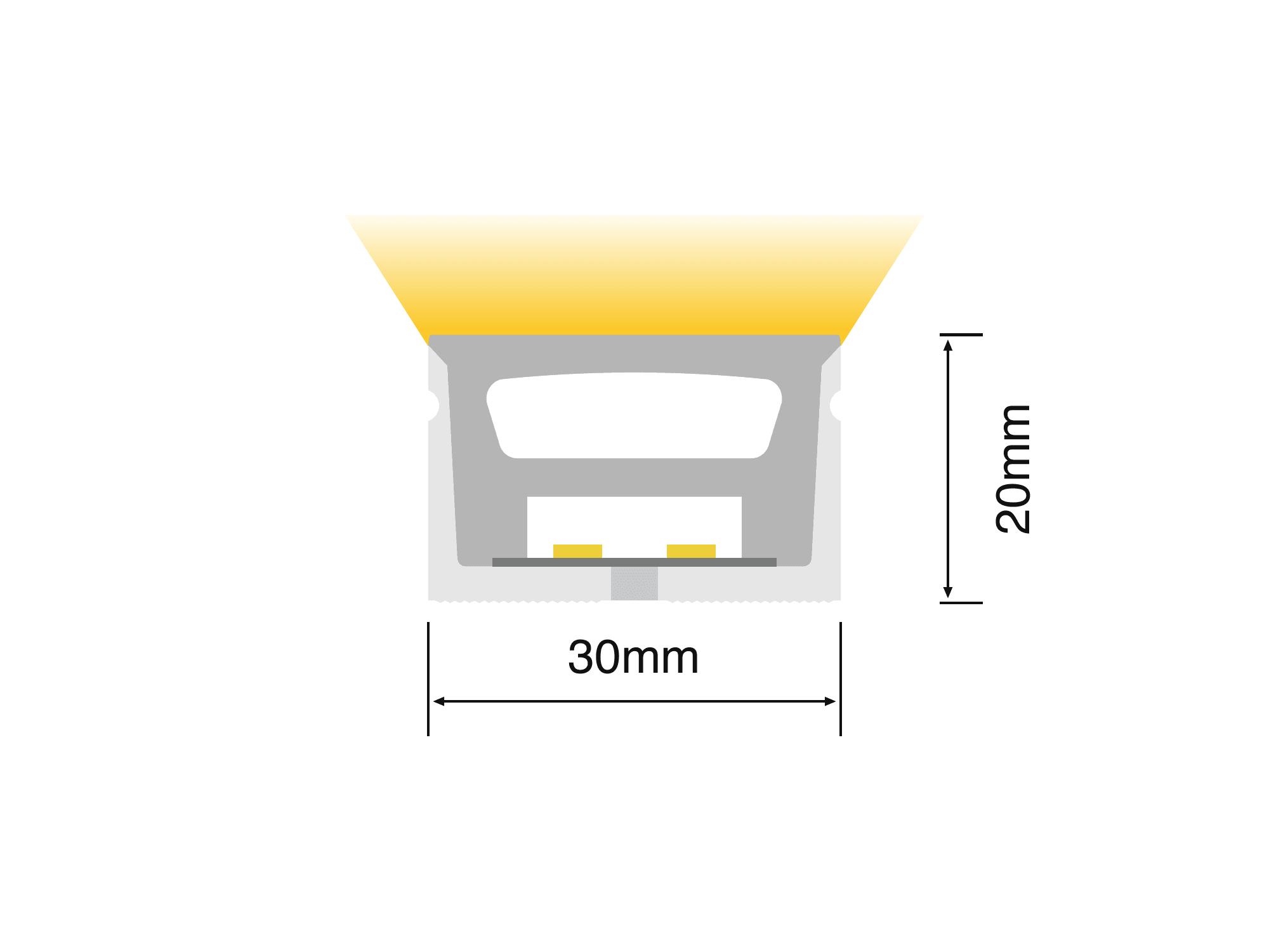 NS-T3020 cross-section drawing showing the 30 mm by 20 mm silicone profile